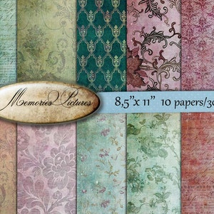 Digital Scrapbooking Papers pack // vintage  pink green  //  Flowers, roses, damask // decoupage, scrap  // 8.5 x 11 in sheets,  14   (44us)