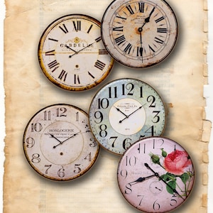 Orologi vecchio stile vintage retrò antico shabby chic - foglio di collage digitale, download per ciondolo in resina, immagini del cerchio rotondo 135