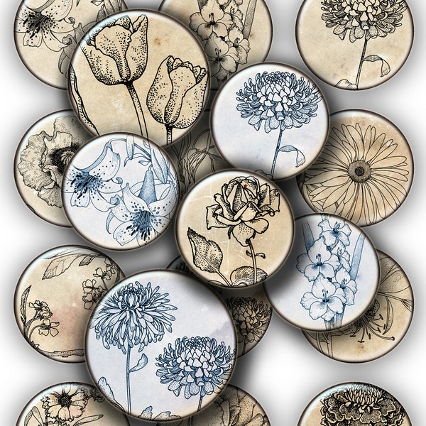 Flowers Botanical illustrations  Circles 1in , 2in - instant Digital Collage Sheets , Download for Resin Pendant, magnets,  Round Circle 134