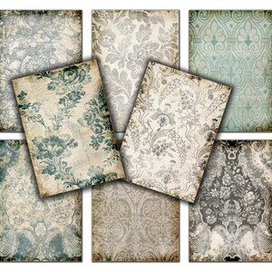 May include: A set of eight digital paper backgrounds featuring vintage damask patterns in shades of blue, gray, and white. The papers have a distressed, aged look, giving them a vintage feel.