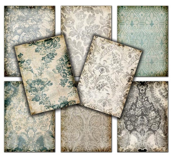 Damask floral Shabby chic  Vintage wallpapers  -  3.5 x 2.5   Gift tags,  ACEO cards, Printable Digital Collage Sheet to Download 153