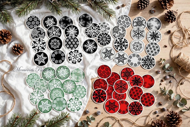 Christmas Snowflake Circles Printable, 48 Round Images, Digital Collage ...
