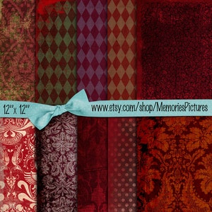 May include: A collection of digital paper patterns featuring various red, burgundy, and dark green designs including damask, harlequin, and polka dots. A light blue ribbon overlays the center with the text 12" x 12" and www.etsy.com/shop/MemoriesPictures.
