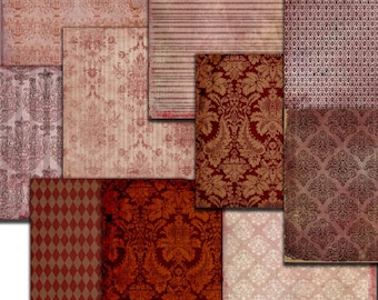 May include: A collage of vintage-style patterned papers in shades of red, burgundy, and cream. The designs include damask, floral, striped, and diamond patterns, with distressed textures for an antique look. Ideal for scrapbooking and crafting projects.