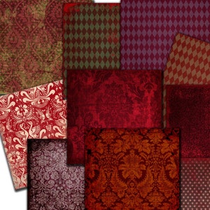 Dark Academia Digital Papers, Burgundy Red Damask Harlequin Printable, Vintage Grunge Backgrounds, Scrapbook Junk Journal Kit