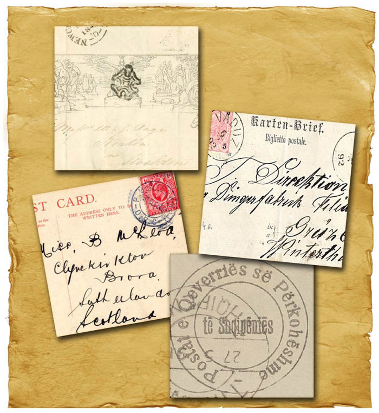 Vintage Letters Post Cards Stamp Handwriting 2 in Digital Collage Sheet