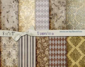Digital backdrop, decoupage Papers // vintage papers, stripes, damask //  brown  // Commercial Use / 8.5 x 11 in sheets,  10  papers (015us)