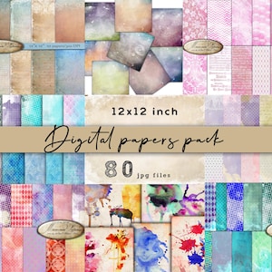 Set di carte digitali, sfondi scaricabili, sfondi ad acquerello, carte per decoupage, sfondi album, 12 x 12 in 80 fogli