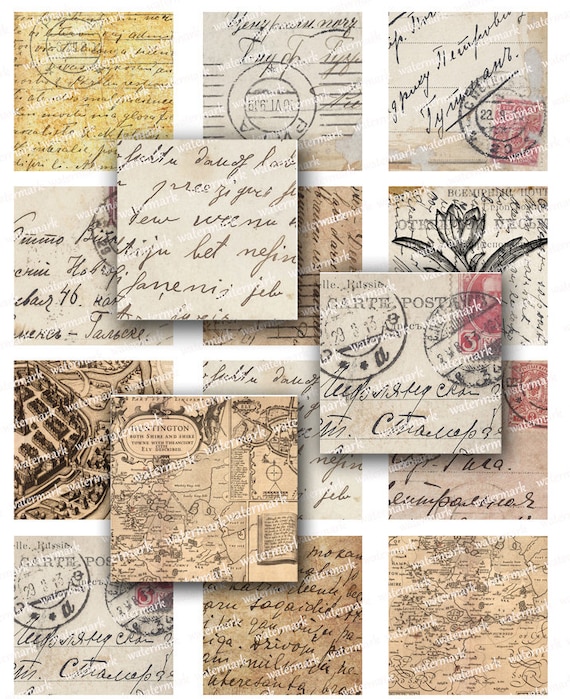 Postcards hand written letters handwriting flowers maps  2 inch squares -  Digital Collage Sheet, Download and Print Jpeg Clip Art Images