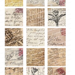 May include: A collage of 12 vintage postcards with handwritten text, maps, and illustrations. The postcards are in various shades of brown and beige with red and black accents. Some of the postcards have stamps and postmarks.