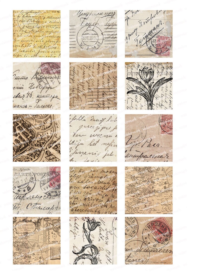 May include: A collage of 12 vintage postcards with handwritten text, maps, and illustrations. The postcards are in various shades of brown and beige with red and black accents. Some of the postcards have stamps and postmarks.