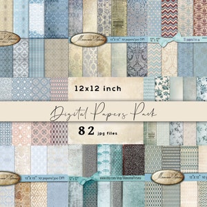 Sfondi, Carte vintage blu, File digitali Papers Pack / sfondi damascati blu beige, // Fogli da 12x12 pollici, 82 carte 951c8c