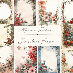 May include: A collection of watercolor Christmas frames with festive botanical elements. The frames feature holly, berries, pine branches, and poinsettias in various arrangements. The text "Memories Pictures Christmas Frame" is displayed.