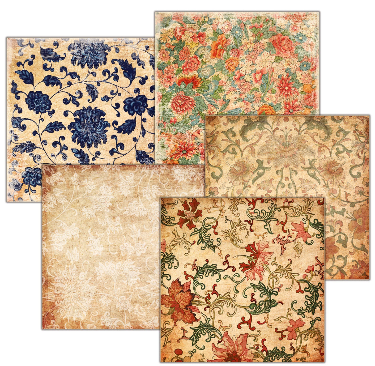 Decoupage, BACKGROUND Vintage Wallpaper Oriental Set of 5 Scrapbooking