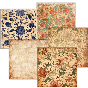 Puede incluir: Conjunto de cuatro fondos de papel digital con patrones florales vintage en tonos azules, rojos, verdes y blancos. Los patrones son intrincados y detallados, con un aspecto desgastado y envejecido.