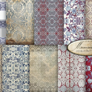 May include: A collection of digital papers featuring various vintage patterns. Designs include floral, damask, and geometric motifs in colors like blue, red, and beige. The papers are labeled with "Memories Pictures" and dimensions of 12x12 inches at 300dpi.