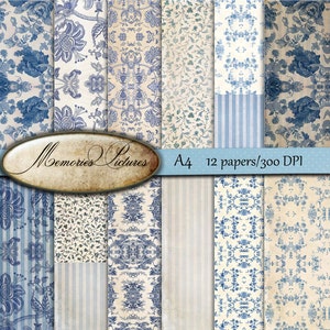 Puede incluir: Doce diseños de papel digital en azul y blanco con motivos florales y geométricos. Los papeles son de tamaño A4 y 300 DPI. El texto "Memories Pictures" es visible en la imagen.