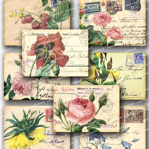 Vintage flowers  POST CARDS, botanical plants French Script -  Gift tags, ACEO cards, Printable Digital Collage Sheet to downloadable 122