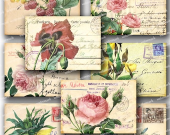 Vintage flowers  POST CARDS, botanical plants French Script -  Gift tags, ACEO cards, Printable Digital Collage Sheet to downloadable 122