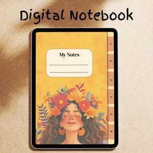 以下が含まれることがあります： 「Digital Notebook」の文字が入ったタブレットのデジタルノート。表紙には花の冠をつけた女性と「My Notes」の文字が描かれています。背景は黄色で、茶色の縁取りがあります。