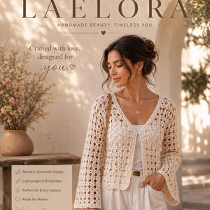 May include: A cream-colored, long-sleeved crochet cardigan featuring an openwork pattern, a V-neckline, and flared sleeves. The garment is worn over a white top and light-colored trousers. Text on the image includes LAELORA and product details.