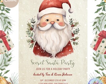 Pode incluir: Um convite festivo com uma ilustração em aquarela do Papai Noel. O cartão anuncia uma "Secret Santa Party" e inclui detalhes como a data, hora e local do encontro de Natal.