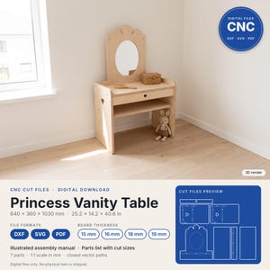 Puede incluir: Un tocador de madera clara con espejo ovalado, un cajón con un recorte en forma de corazón y un estante inferior. La mesa mide 640 x 360 x 1030 mm. Incluye archivos digitales de corte CNC en formatos DXF, SVG y PDF para el montaje.