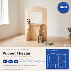 May include: A light-coloured wooden puppet theatre featuring a rectangular cutout window, a small shelf, and star-shaped cutouts on the side panels. The theatre measures 900 x 540 x 1200 mm. The product is provided as digital CNC cut files.