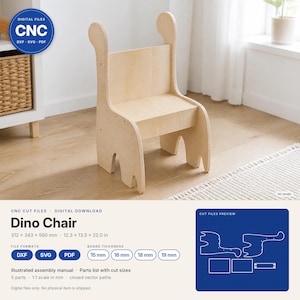 May include: A light-colored wooden chair with a dinosaur-inspired silhouette, featuring a flat seat, a tall backrest with curved top edges, and four legs. The design includes digital file information for CNC cutting, with dimensions of 12.3 x 13.5 x 22.0 inches.