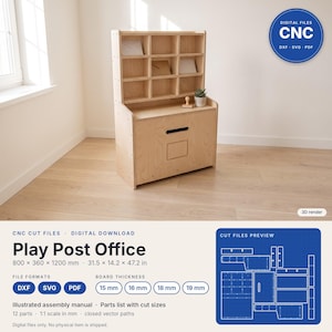 May include: A light-colored wooden play post office unit featuring a top section with nine open cubby compartments, a flat counter surface, and a lower cabinet with a rectangular cutout. Includes digital file information and dimensions of 31.5 x 14.2 x 47.2 inches.