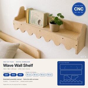 Archivos CNC para estante de pared ondulado, planos para estante flotante de habitación infantil, DXF SVG para madera contrachapada de 15, 16, 18 y 19 mm, descarga digital.