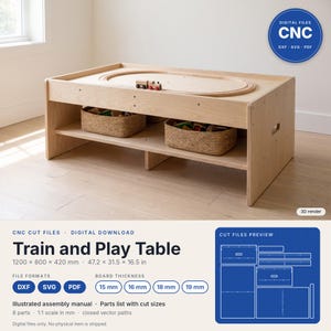 May include: A light-colored wooden train and play table featuring a built-in oval track on the surface, two woven storage baskets on the lower shelf, and a small toy train. The text reads: Train and Play Table, 1200 x 800 x 420 mm, 47.2 x 31.5 x 16.5 in.