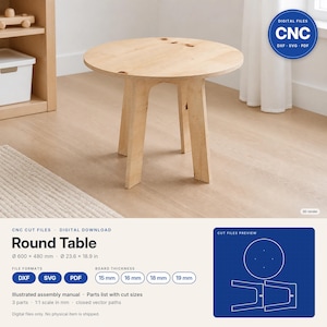 Puede incluir: Una mesa redonda de madera con tres patas, presentada como descarga digital para máquinas CNC. El texto incluye 'Round Table', '600 x 480 mm', '23.6 x 18.9 in', 'DXF', 'SVG', 'PDF' y '15 mm', '16 mm', '18 mm', '19 mm' para el grosor del tablero.