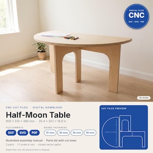 May include: A light-colored wooden half-moon table with arched legs. The text reads Half-Moon Table, 900 x 510 x 480 mm, 35.4 x 20.1 x 18.9 in, CNC CUT FILES, DIGITAL DOWNLOAD, FILE FORMATS DXF SVG PDF, BOARD THICKNESS 15 16 18 19 mm.