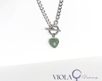 Green Aventurine Heart Necklace • Stainless Steel Cuban Link Toggle Clasp