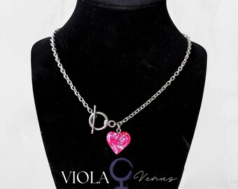 Hot Pink Resin Heart Charm Necklace | Stainless Steel Toggle Clasp | Mylar Flake Glitter | Handmade