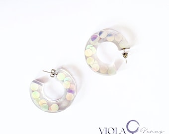 Iridescent Resin Hoop Earrings, Clear Confetti Statement Hoops, Stainless Steel Posts, Handmade Modern Jewelry