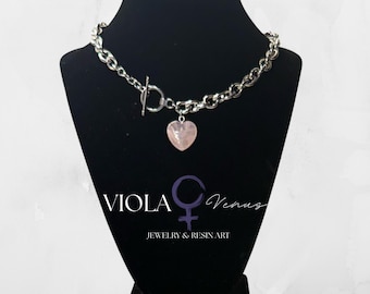 Chunky Crystal Heart Necklace, Stainless Steel Toggle Clasp, Rose Quartz Amethyst Tiger Eye Pendant