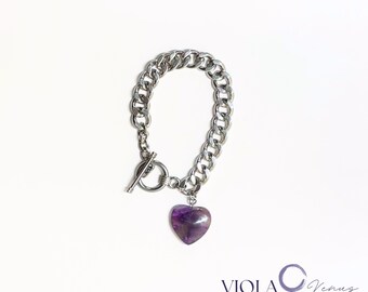 Chunky Cuban Link Bracelet with Amethyst or Rose Quartz Heart, Toggle Clasp Jewelry