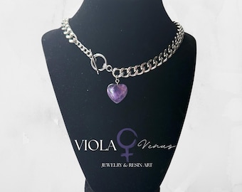 Chunky Cuban Link Necklace with Crystal Heart Pendant, Amethyst or Rose Quartz, Toggle Clasp