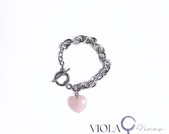 Chunky Gemstone Heart Bracelet, Toggle Clasp, Amethyst Rose Quartz Tigers Eye Jewelry