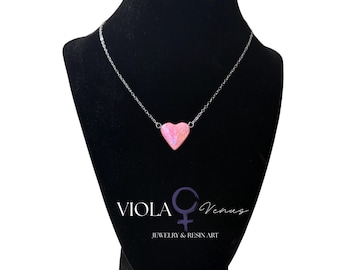 Iridescent Resin Heart Necklace | Dainty Cable Chain | Stainless Steel | Handmade