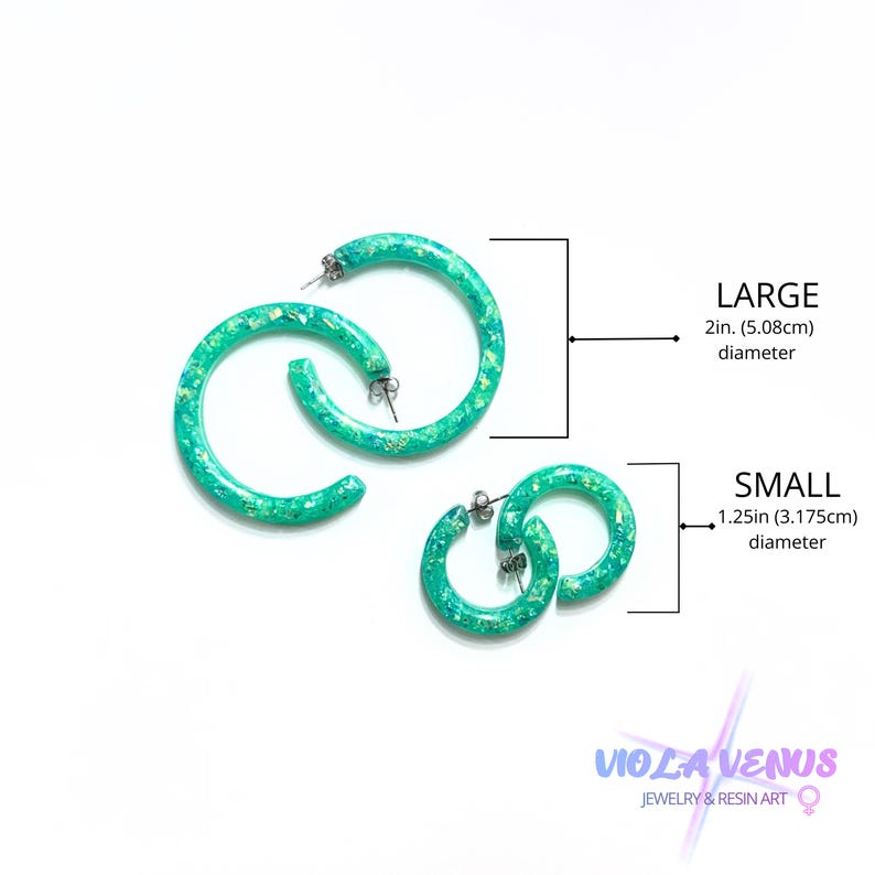 May include: Two pairs of bright green hoop earrings with embedded glitter, labeled as large with a 2-inch diameter and small with a 1.25-inch diameter. The text Viola Venus Jewelry & Resin Art is visible in the bottom right corner of the image.