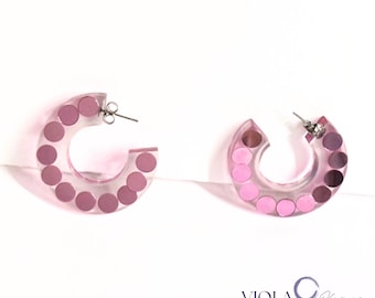 Handmade Resin Hoop Earrings • Pink Metallic Confetti or Silver Heart Confetti, Stainless Steel