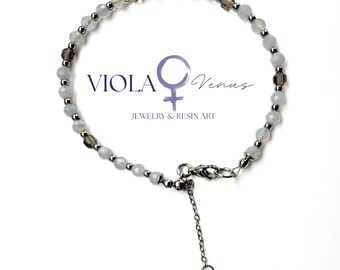 Blue Lace Agate Smoky Quartz Bracelet: Adjustable Crystal Jewelry