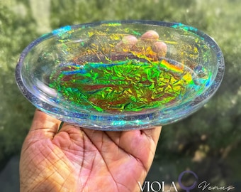 Holographic Resin Jewelry Dish | Iridescent Oval Trinket Bowl | Handmade Catchall Tray by Viola Venus