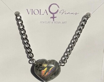Labradorite Heart Pendant Necklace • Stainless Steel Cuban Chain