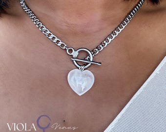 Clear Quartz Heart Necklace • Stainless Steel Toggle Chain, Handmade