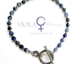 Sodalite Black Tourmaline Bracelet: Handmade Stainless Steel Crystal Jewelry