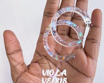 Iridescent Resin Hoop Earrings, Clear & Holographic Statement Hoops, Stainless Steel Posts, Handmade Modern Jewelry